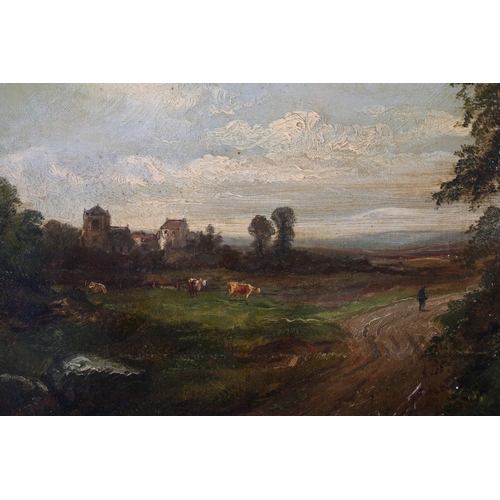 322 - William McEvoy (1858-1880)
Traveller on a country road with cows grazing and village beyond, oil on ... 