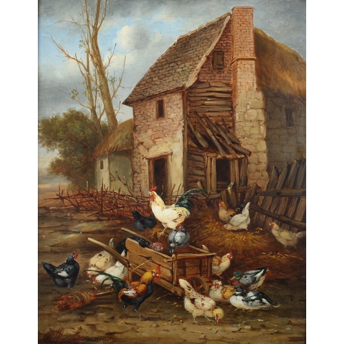 336 - Claude Guilleminet French 1821-1866)
Cockerels, hens and ducks in the corner of a barn and in the fa... 