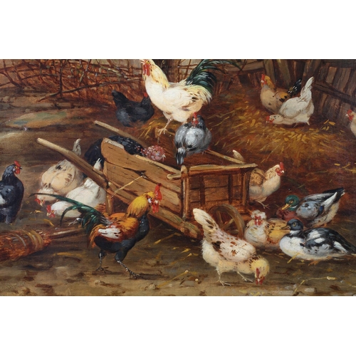 336 - Claude Guilleminet French 1821-1866)
Cockerels, hens and ducks in the corner of a barn and in the fa... 