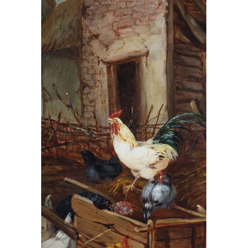 336 - Claude Guilleminet French 1821-1866)
Cockerels, hens and ducks in the corner of a barn and in the fa... 