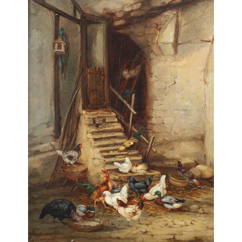 336 - Claude Guilleminet French 1821-1866)
Cockerels, hens and ducks in the corner of a barn and in the fa... 