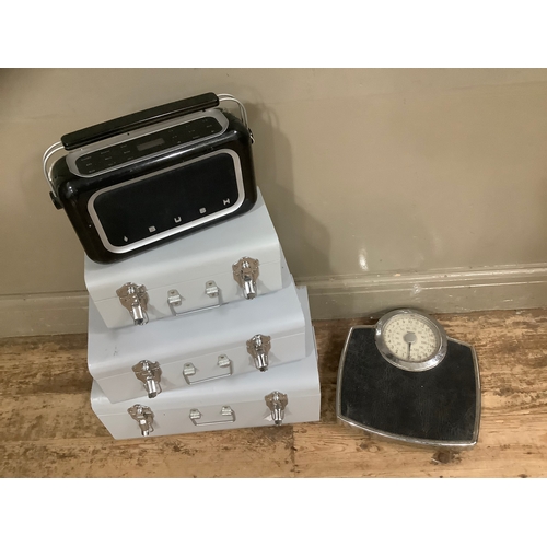 118 - Salter scales, metal storage boxes, Bush radio