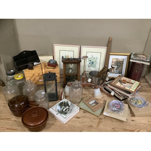 122 - Demijohns, crockpots, commemorative plates, a clock etc