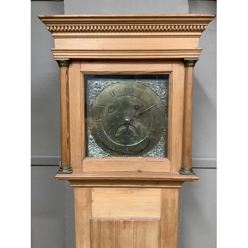 136 - A stripped pine long case clock, 199cm high