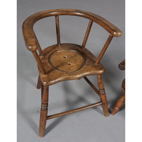 151 - A VICTORIAN CHILD'S ELM AND BEECH POTTY CHAIR, lid to seat, on turned legs, 49cm high, together with... 