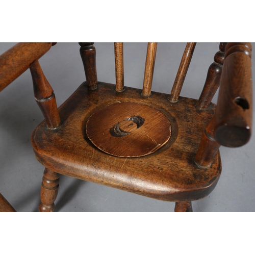 151 - A VICTORIAN CHILD'S ELM AND BEECH POTTY CHAIR, lid to seat, on turned legs, 49cm high, together with... 