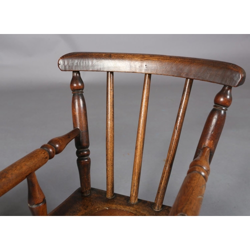 151 - A VICTORIAN CHILD'S ELM AND BEECH POTTY CHAIR, lid to seat, on turned legs, 49cm high, together with... 