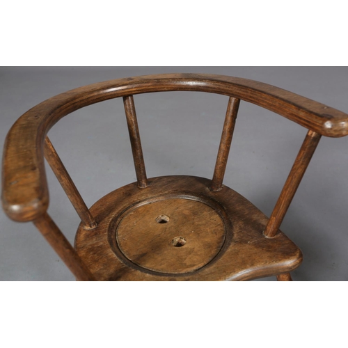 151 - A VICTORIAN CHILD'S ELM AND BEECH POTTY CHAIR, lid to seat, on turned legs, 49cm high, together with... 