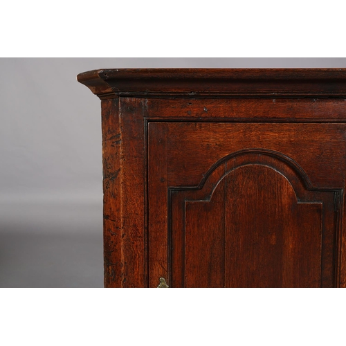 188 - AN EARLY 19TH CENTURY OAK HANGING CORNER CUPBOARD, having a moulded cornice above a single door with... 