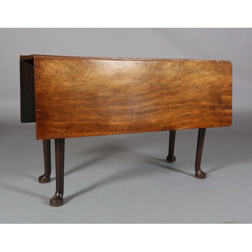 184 - A MID 18TH CENTURY FIGURED MAHOGANY PEMBROKE TABLE, having twin rectangular leaves, on rounded legs ... 