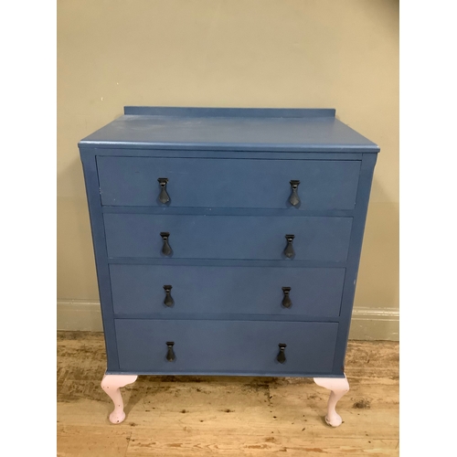 173 - A mid century chest of four drawers on cabriole legs, painted blue and pink, 76cm wide