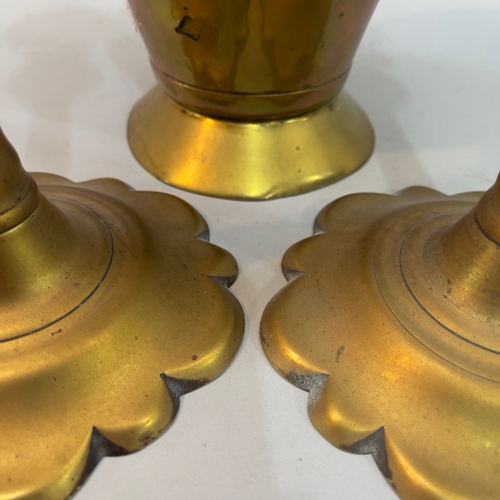 200 - A pair of 18th century brass candlesticks on circular dimed base with petallated rim 26.5cm high, an... 