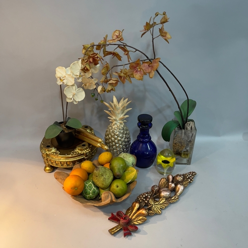 234 - A resin pineapple, two faux orchids, a gilt jardinière stand, wooden fruit bowl with faux fruits, gi... 