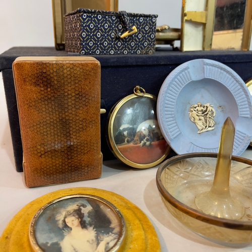 238 - Two Chinese cloth boxes, two faux crocodile cigarette cases and another mother of pearl, a Wedgwood ... 