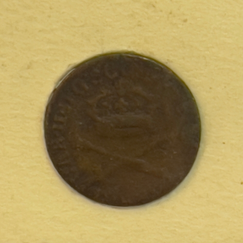 351 - A mid 17th century Scottish Bodle, dated 1677, the coin found in Oswald Kirk in 1936, mounted in dou... 