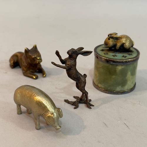 352 - A white metal and Connemara drum trinket box, the lid mounted with a rabbit finial, together with a ... 