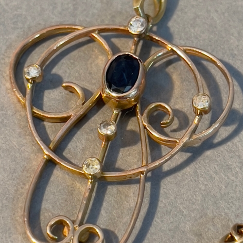 381 - An art nouveau style sapphire and diamond pendant in rose metal (tests as 9ct gold) together with fi... 