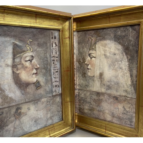 334 - Egyptian portrait of Pharaohs and frieze, colour prints, a pair, broad gilt frame, 83cm x 73cm with ... 