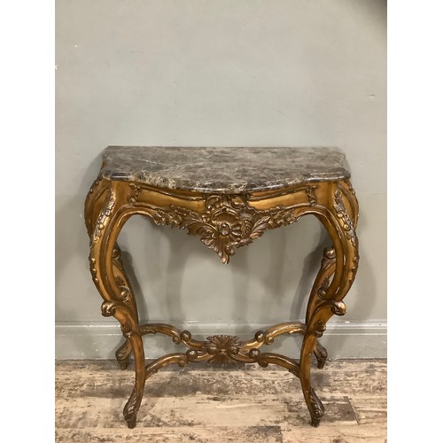 413 - A composite gilt console table on four cabriole legs with cross stretcher, the apron moulded with ac... 