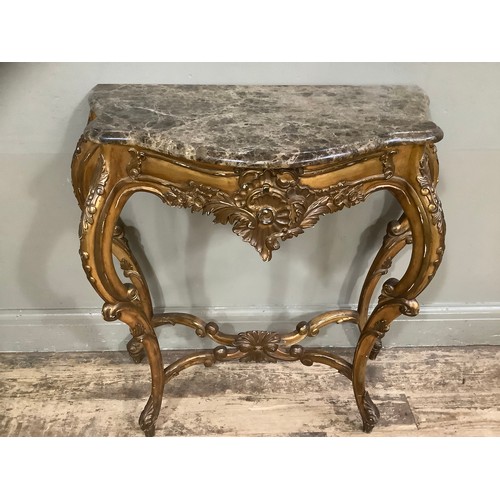 413 - A composite gilt console table on four cabriole legs with cross stretcher, the apron moulded with ac... 