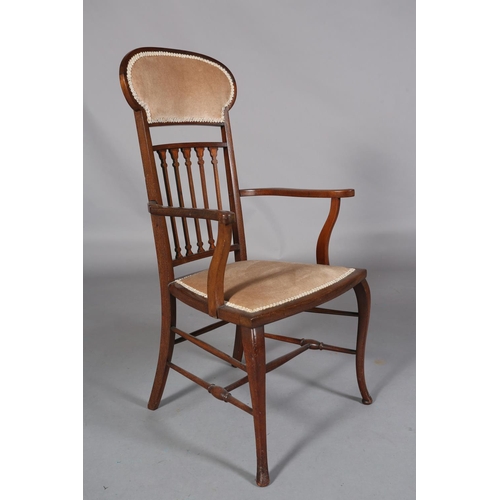 445 - AN EDWARD VII MAHOGANY AND SATINWOOD INLAID OCCASIONAL CHAIR, having an upholstered panel above a ra... 