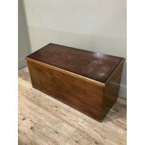 421 - A mahogany chest with hinged lid inlaid with colonial scene depicting two sea birds surmounting shie... 