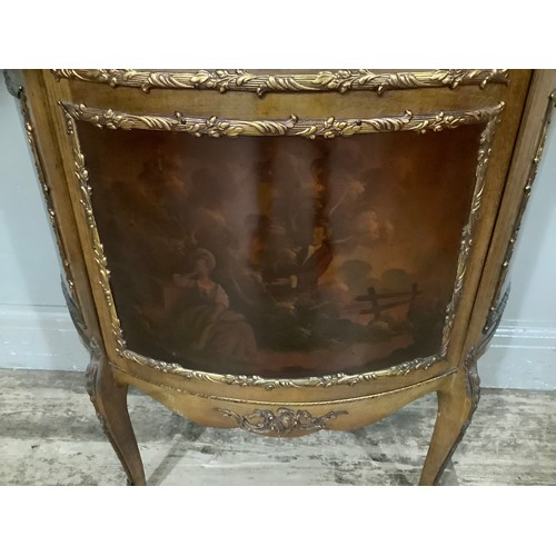 423 - A reproduction walnut and gilt metal mounted vitrine with three glazed panels over romantic scenes, ... 