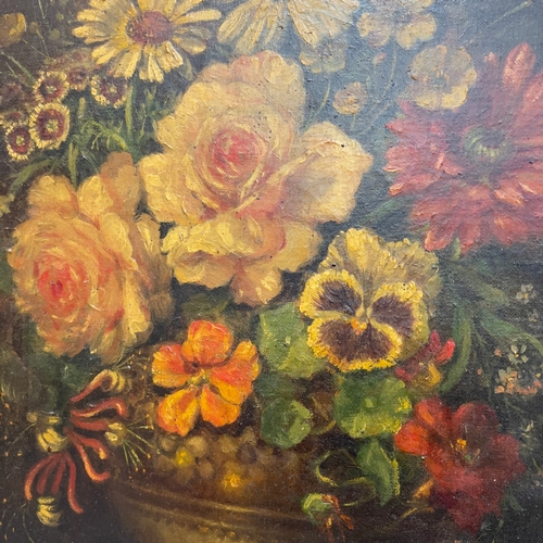 192 - Mid 20th Century English school, still life of summer flowers held in a pewter pedestal bowl on a ta... 