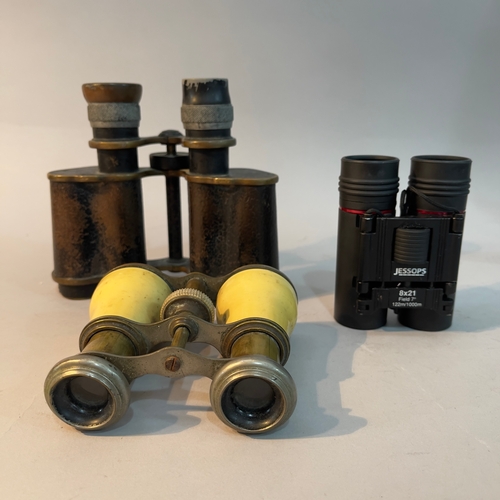 214 - A pair of bakelite opera glasses, a pair of Jesspos 8x21 field glasses and a pair of Foss London bin... 