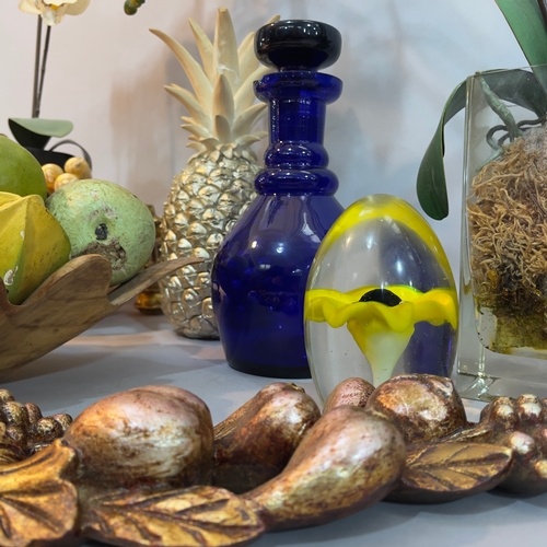 234 - A resin pineapple, two faux orchids, a gilt jardinière stand, wooden fruit bowl with faux fruits, gi... 