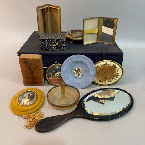 238 - Two Chinese cloth boxes, two faux crocodile cigarette cases and another mother of pearl, a Wedgwood ... 