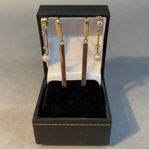 371 - Two pairs of pendant earrings both in 9ct gold variously set with cultured pearls and cubic zirconia... 