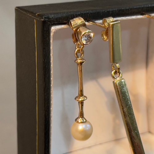 371 - Two pairs of pendant earrings both in 9ct gold variously set with cultured pearls and cubic zirconia... 