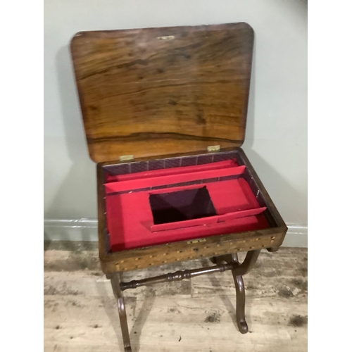 435 - A Victorian walnut and mahogany satinwood and ebony inlaid work box having hinged top, fitted interi... 