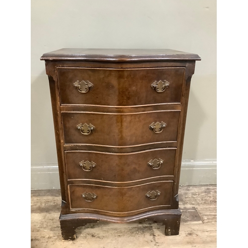 441 - A walnut and mahogany serpentine fronted chest of four long drawers on bracket feet, 50cm wide