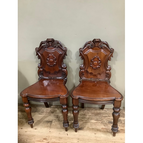 442 - A pair of Victorian mahogany heavily carved shield back hall chairs having acanthus cresting and on ... 