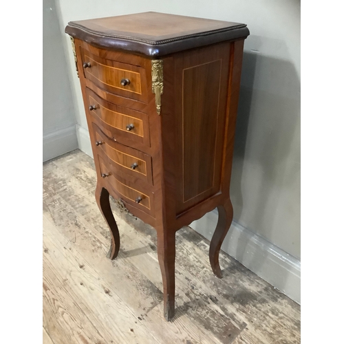 446 - A walnut cross banded satinwood inlaid continental serpentine fronted chest with gilt metal mounts, ... 