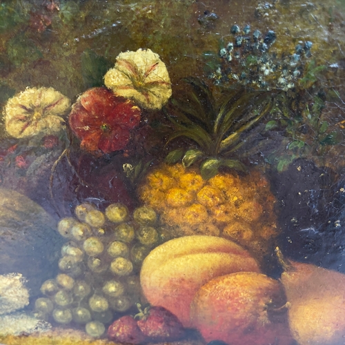 93 - Late 19th Century English School, still life of grapes, pears, pineapple, strawberries and flowers, ... 