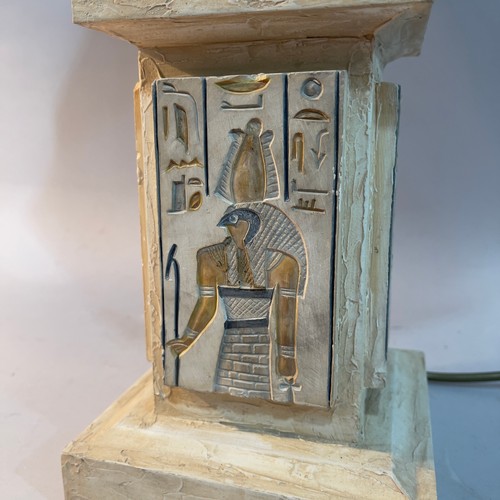 326 - An Egyptian-style obelisk table lamp with burnt sienna silk-shade, 71cm high overall