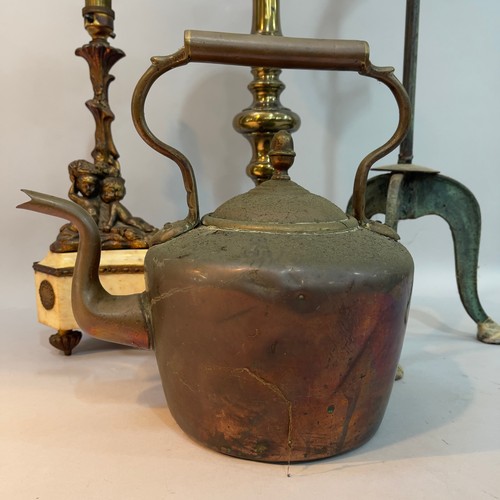 117 - A Verdigris-finish metal candlestand on tripod base 90cm, a copper kettle, gilt metal candlestand on... 