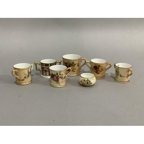 11 - Six items of miniature Royal Worcester blush ivory ware, each piece painted with flowers including t... 