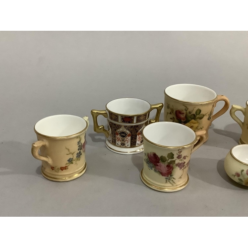 11 - Six items of miniature Royal Worcester blush ivory ware, each piece painted with flowers including t... 