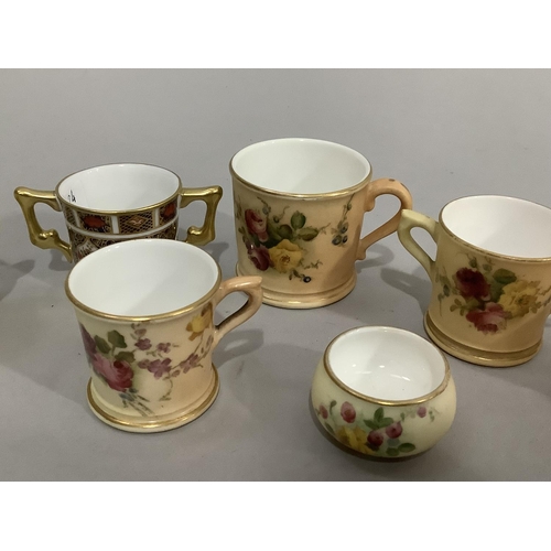 11 - Six items of miniature Royal Worcester blush ivory ware, each piece painted with flowers including t... 