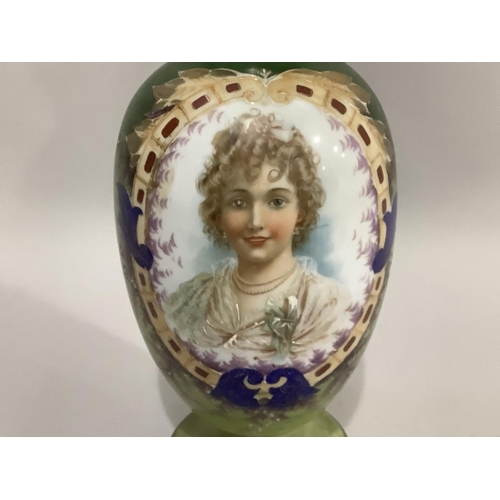 105 - A late 19th century white glass vase, the ovoid body printed and painted with a head and shoulders p... 