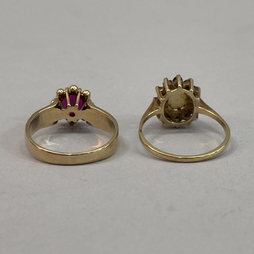 221 - Two dress rings both in 9ct. gold, variously claw set with synthetic ruby, sapphire and opal, total ... 