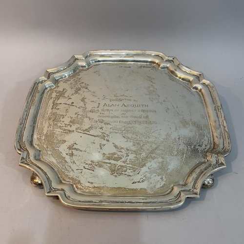 165 - A George VI silver tray, Sheffield 1949 for Walker & Hall, octagonal outline with four bracketed cor... 