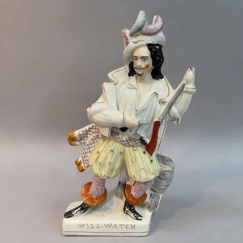 17 - A mid 19th century Staffordshire figure of Will Watch standing with gun and powder horn beside barre... 