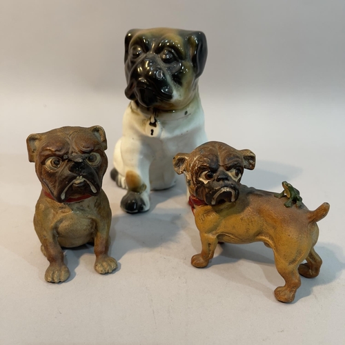 135 - A cold painted lead figure of a pug with a frog on it's back and another with a fly on it's nose, to... 