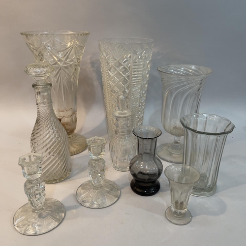 94 - Two cut glass vases 33cm high, two further glass vases of wrythen form, a small decanter and stopper... 