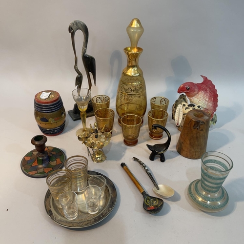 109 - A glass gilt decorated drinking set with decanter and stopper and nine glasses, other glasses, a car... 